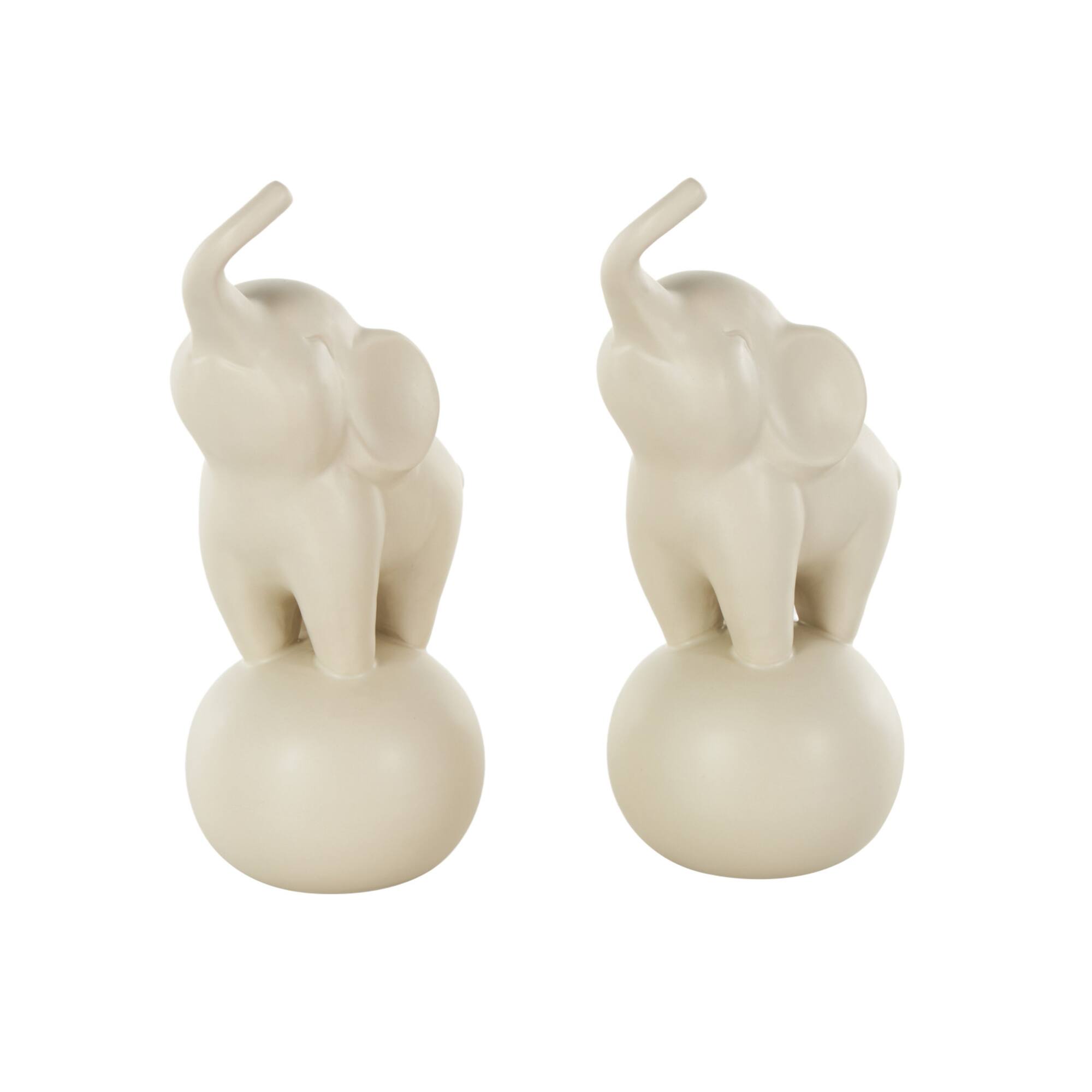 10.5" White Ceramic Elephant Trumpeting Decorative Sculpture with Round Base Set